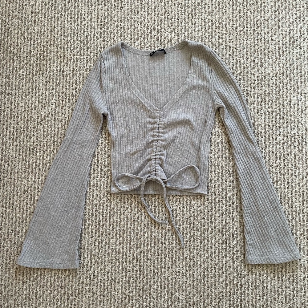 SHEIN Gray Ribbed Bell Sleeve Crop Blouse